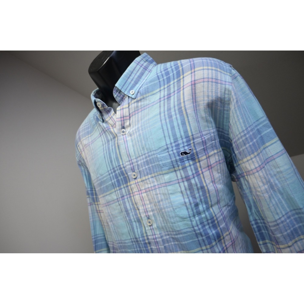 Vineyard Vines Tucker Shirt‎ Mens Large Blue Plaid Cotton Linen Slim Fit EUC